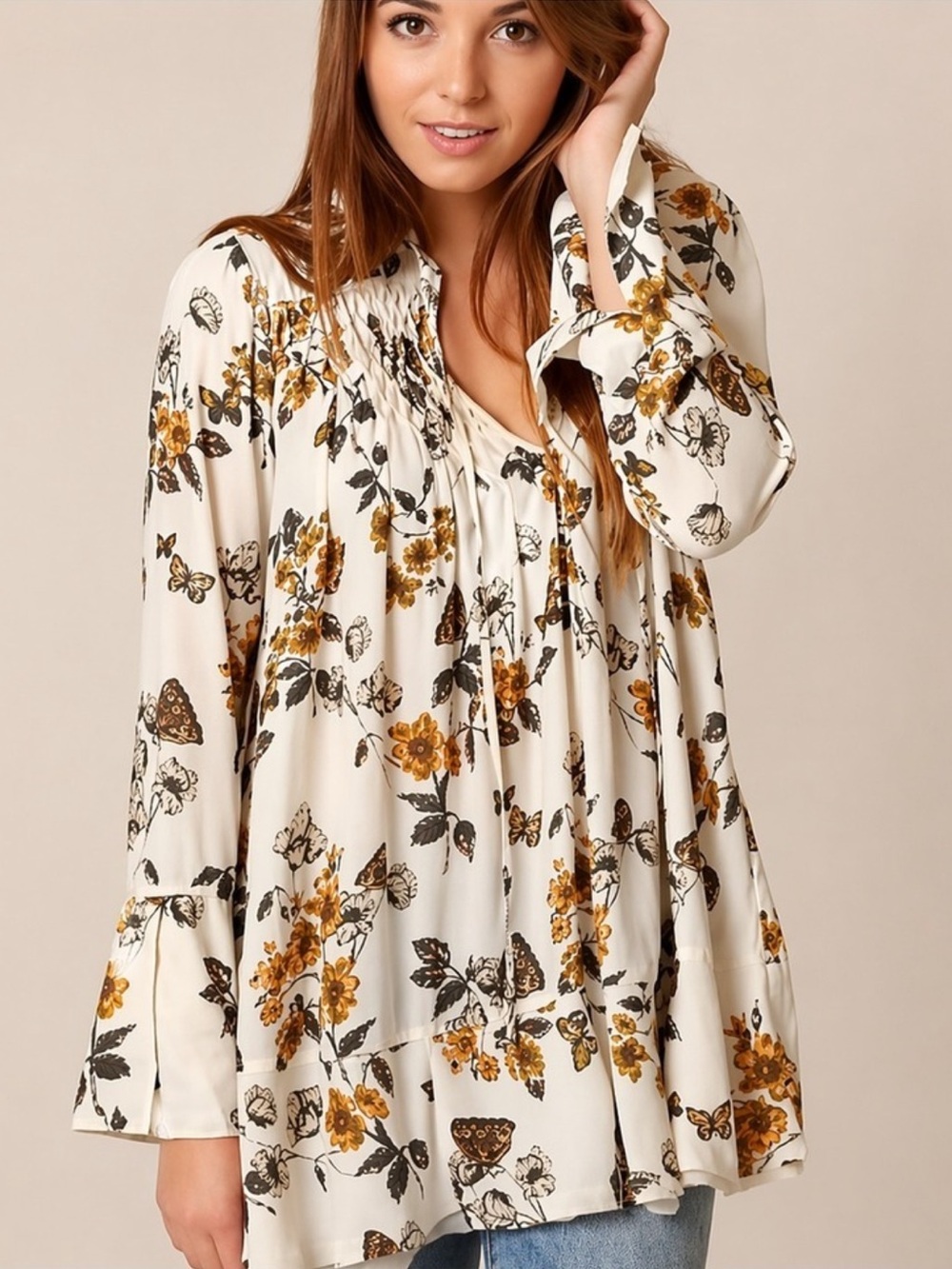 Free People Pebble Crepe So Fine Boho Oversized Bufferfly White Tunic Top Size S